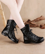 Retro Splicing Boots Black Cowhide Leather Hollow Out