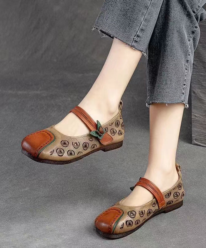 Retro Splicing Buckle Strap Flats Khaki Cowhide Leather Hollow Out