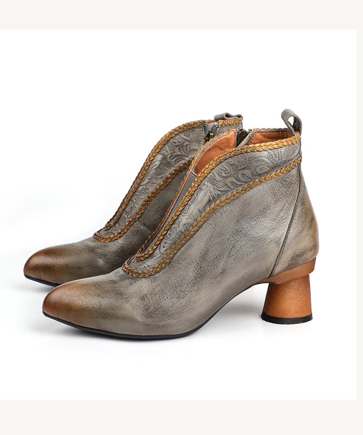 Retro Splicing Chunky Ankle Boots Grey Cowhide Leather Embossed