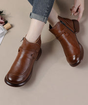 Retro Splicing Chunky Boots Brown Warm Fleece Cowhide Leather