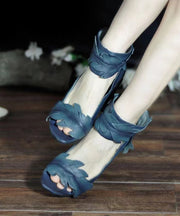 Retro Splicing Chunky Sandals Blue Cowhide Leather Peep Toe