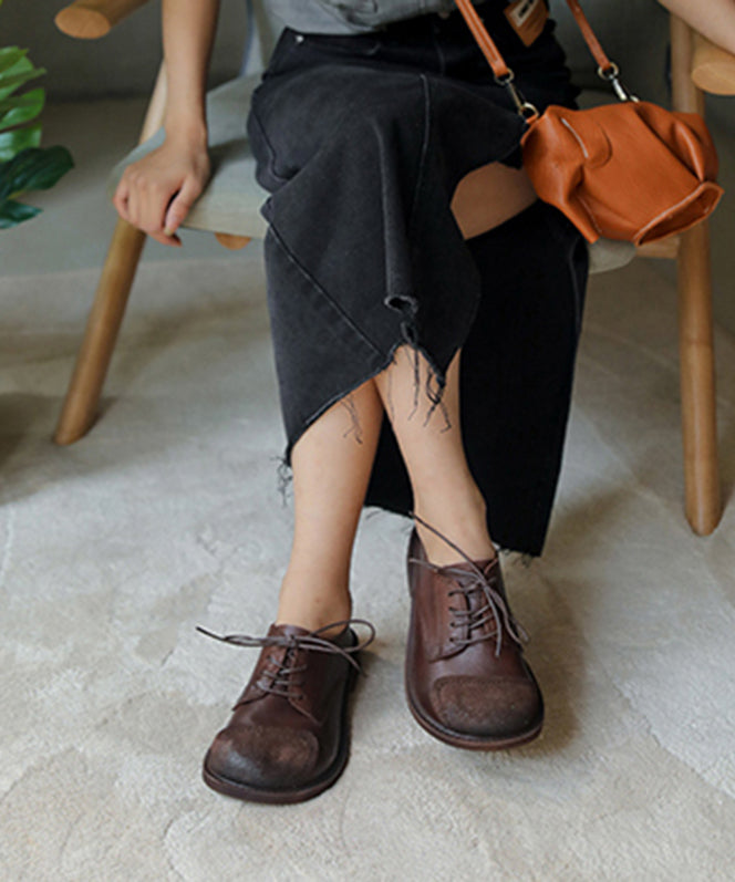 Flache Schuhe im Retro-Stil zum Spleißen für Damen, flache Schuhe aus kaffeefarbenem Rindsleder