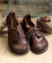 Retro Splicing Flat Shoes For Women Lace Up Chocolate Cowhide Leather Flat Shoes