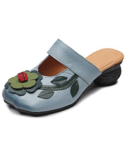 Retro Splicing Floral Chunky Blue Cowhide Leather Slide Sandals
