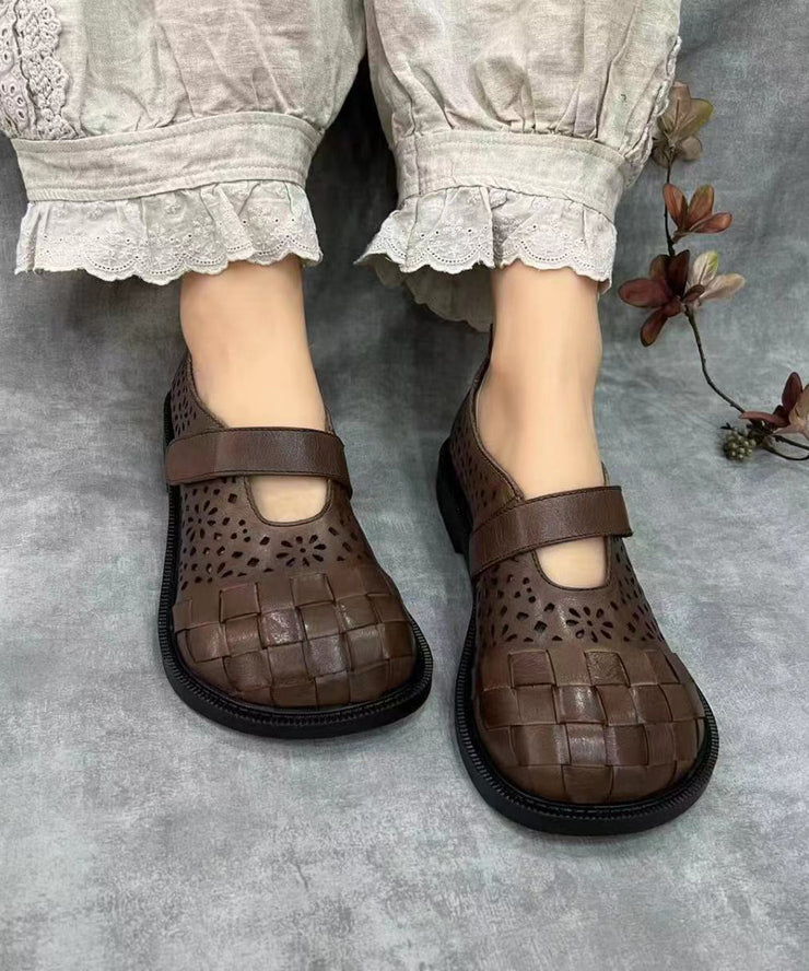 Retro Splicing Hollow Out Flat Shoes Brown Cowhide Leather