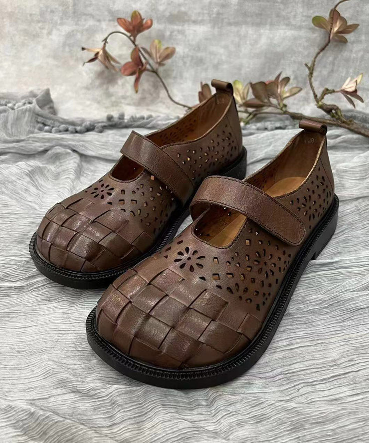 Retro Splicing Hollow Out Flat Shoes Brown Cowhide Leather