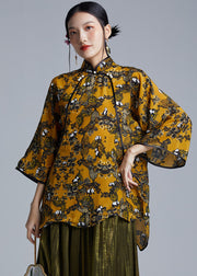 Retro Stand Collar Print Low High Design Top Flare Sleeve