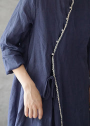 Retro tibetische blaue Spitze-Patchwork-Leinenkleider mit langen Ärmeln