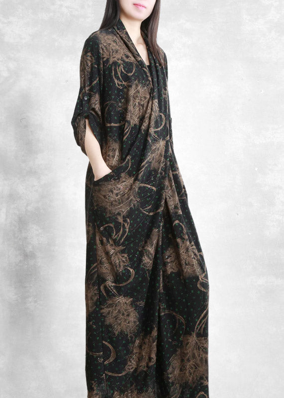 Retro V Neck Asymmetrical Print Pockets draping Silk Dress Half Sleeve