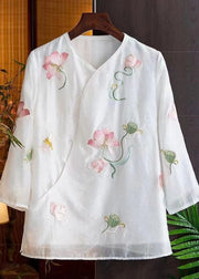 Retro White Embroidered Button Patchwork Cotton Shirts Bracelet Sleeve