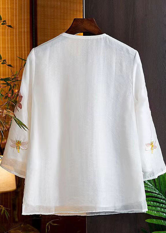Retro White Embroidered Button Patchwork Cotton Shirts Bracelet Sleeve