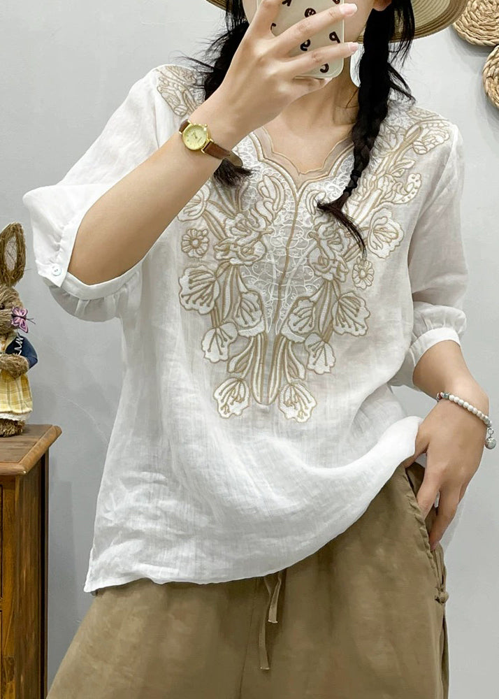 Retro White Embroidered Floral Tulle Patchwork Ramie T Shirt Summer