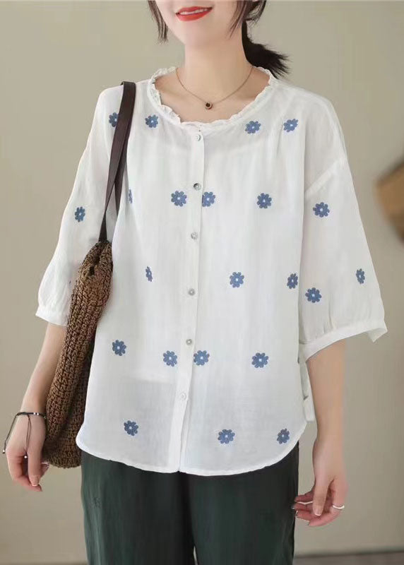 Retro White Embroidered Patchwork Linen Shirt Tops Summer