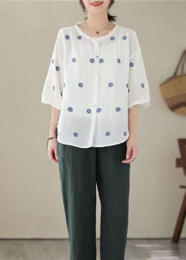 Retro White Embroidered Patchwork Linen Shirt Tops Summer