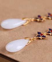 Retro White Floral Gold Plated Bowlder Drop Earrings