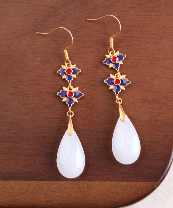 Retro White Floral Gold Plated Bowlder Drop Earrings