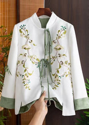 Retro White Stand Collar Embroidered Lace Up Patchwork Cotton Coats Fall