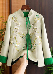 Retro White Stand Collar Embroidered Lace Up Patchwork Cotton Coats Fall