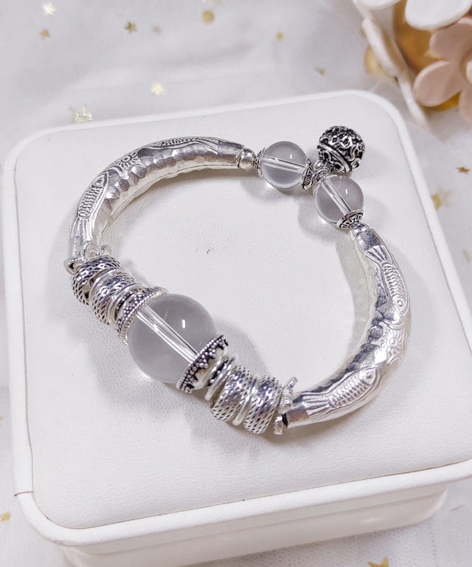 Retro White Sterling Silver Crystal Small Bell Bangle
