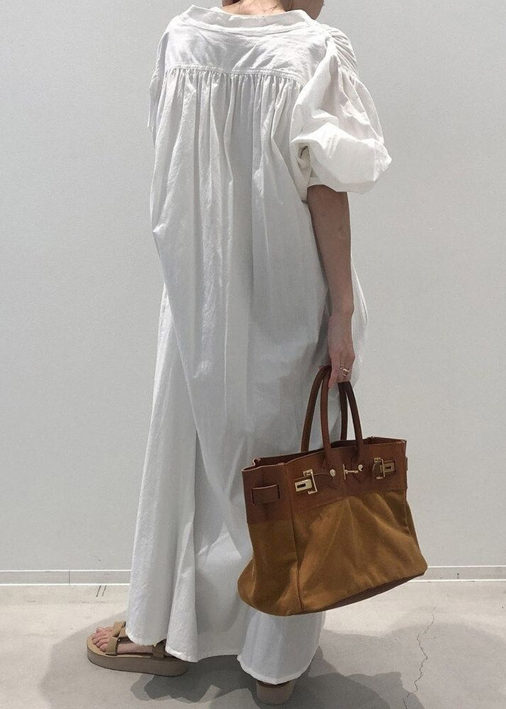 Retro White V Neck Solid Cozy Cotton Maxi Dress Long Sleeve