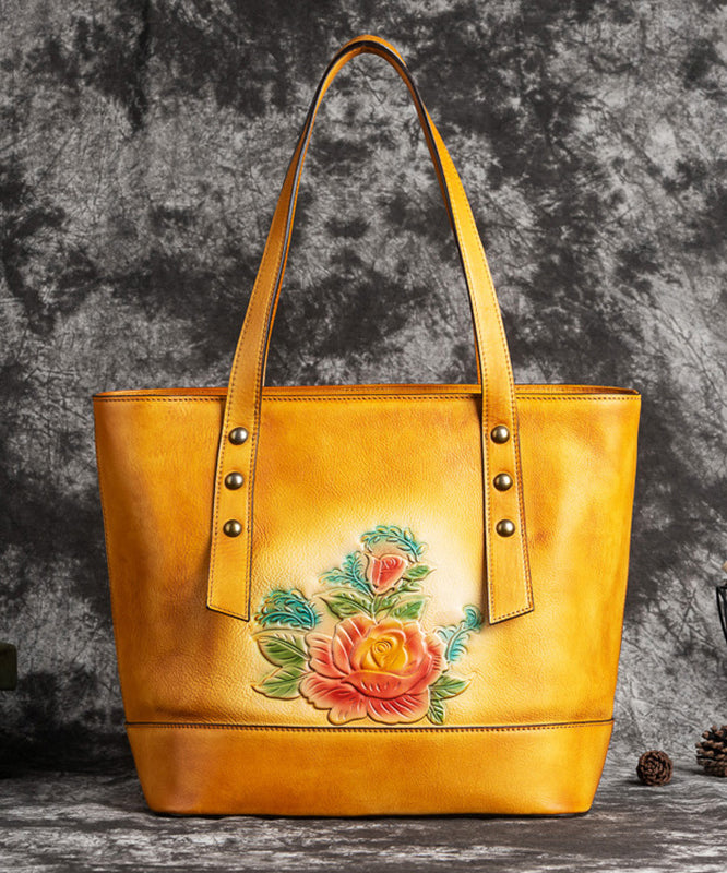 Retro gelbe Blumenpaitings Kalbsleder Satchel Handtasche