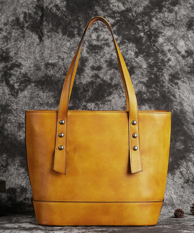 Retro Yellow Floral Paitings Calf Leather Satchel Handbag