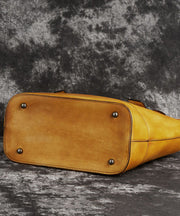 Retro Yellow Floral Paitings Calf Leather Satchel Handbag