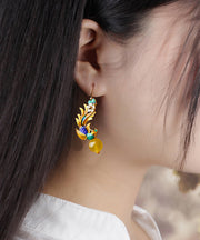 Retro Yellow Gold Plated Phoenix Cloisonne Jade Drop Earrings
