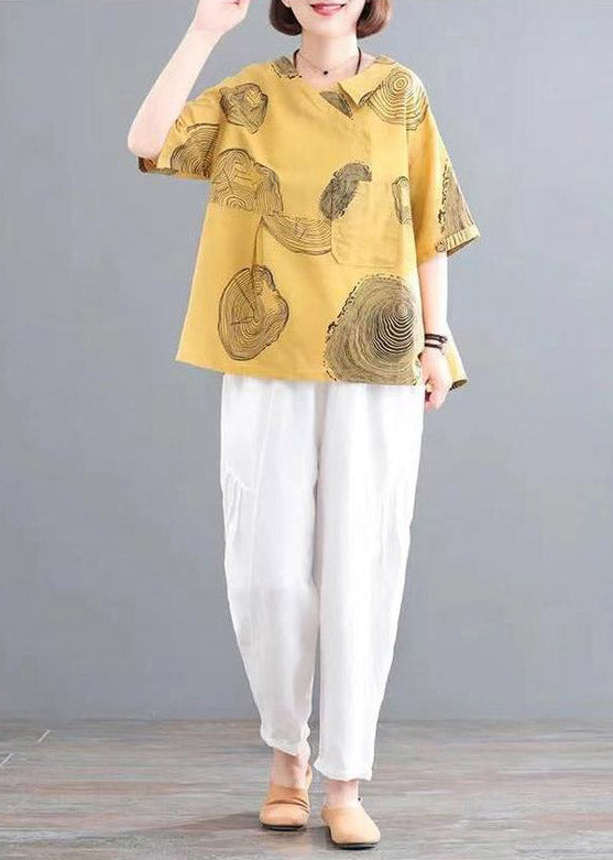 Retro Yellow O-Neck Print Top And Crop Pants Two Pieces Set Summer