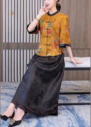 Retro-gelbe orientalische Seidenoberteile und -röcke mit Stehkragen, zweiteiliges Set mit halben Ärmeln