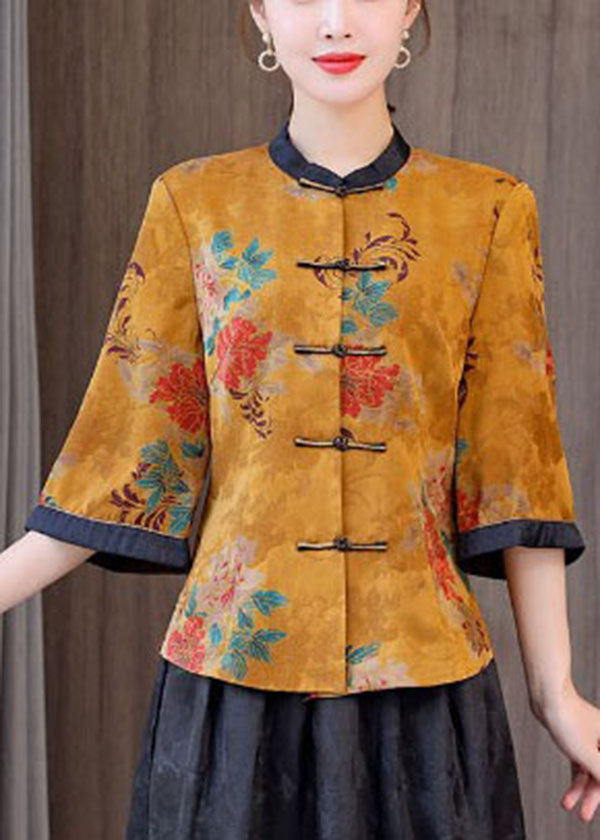 Retro Yellow Oriental Stand Collar Print Silk Tops And Skirts Two Pieces Set Half Sleeve