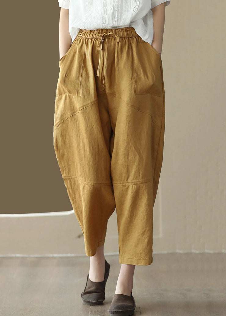 Retro Yellow Pockets Elastic Waist Patchwork Linen Crop Pants Summer