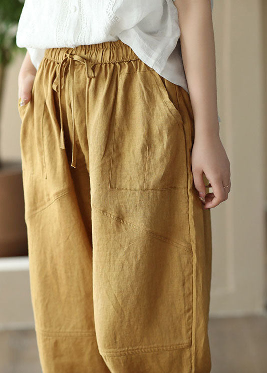 Retro Yellow Pockets Elastic Waist Patchwork Linen Crop Pants Summer
