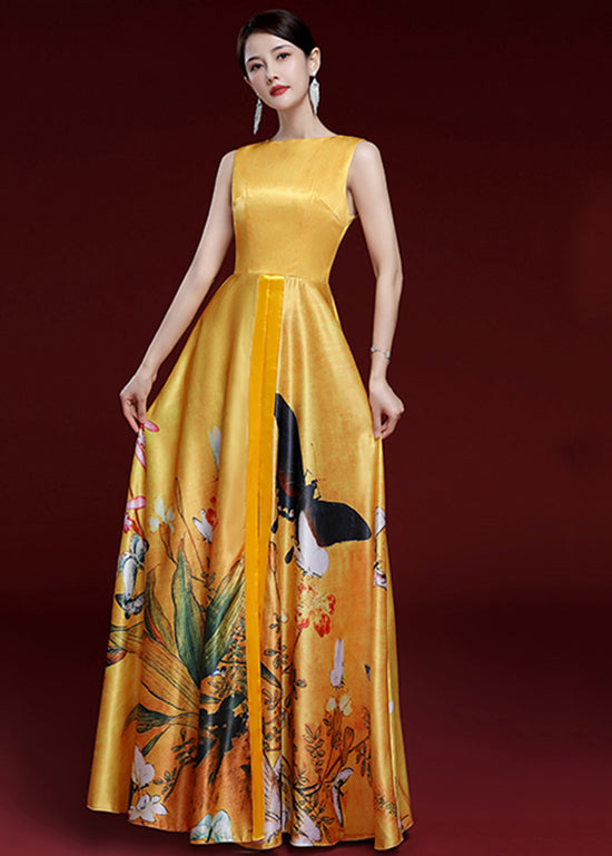 Retro Yellow Print Lacing Strap Shawl And Dress Set Summer