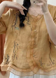 Retro Yellow Ruffled Embroidered Patchwork Linen Shirts Summer