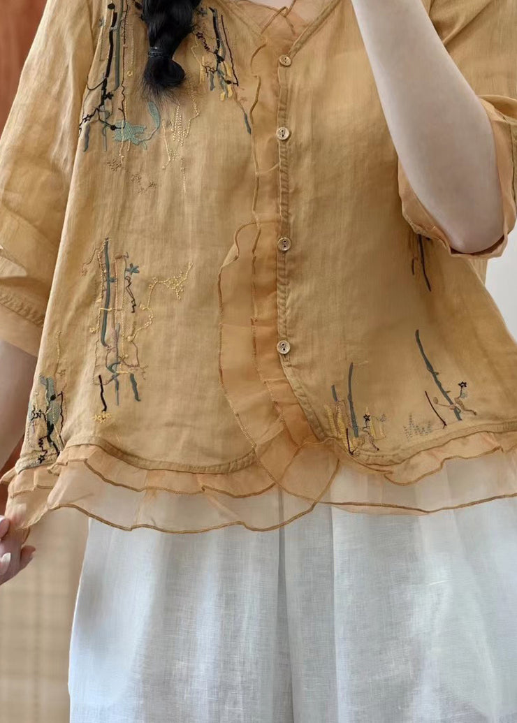 Retro Yellow Ruffled Embroidered Patchwork Linen Shirts Summer