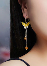 Retro Yellow Sterling Silver Agate Butterfly Tassel Drop Earrings