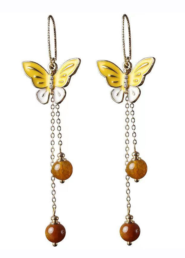 Retro Yellow Sterling Silver Agate Butterfly Tassel Drop Earrings