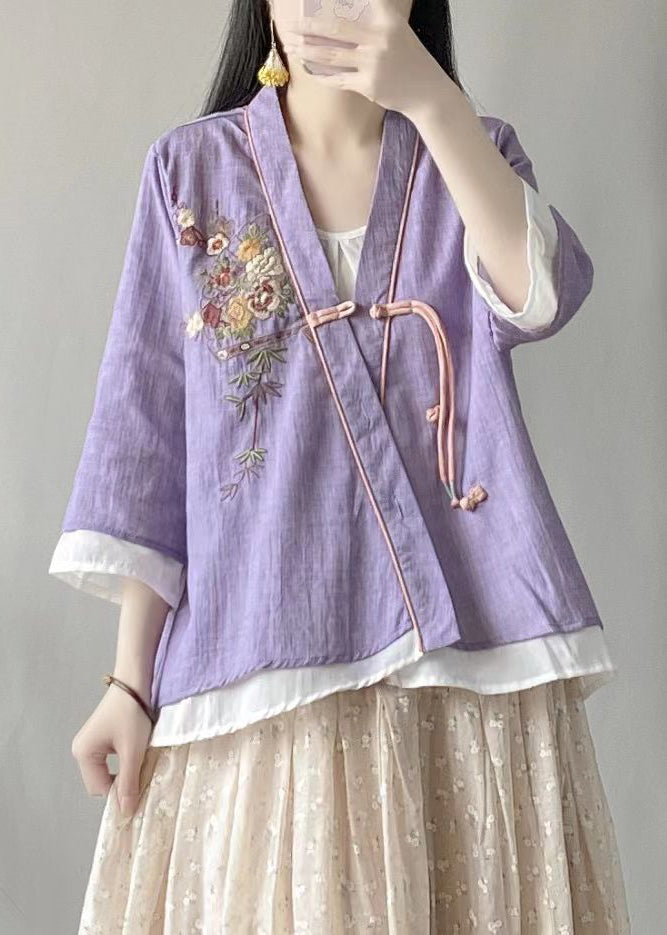 Retro Yellow V Neck Embroideried Short Linen Cardigans Spring