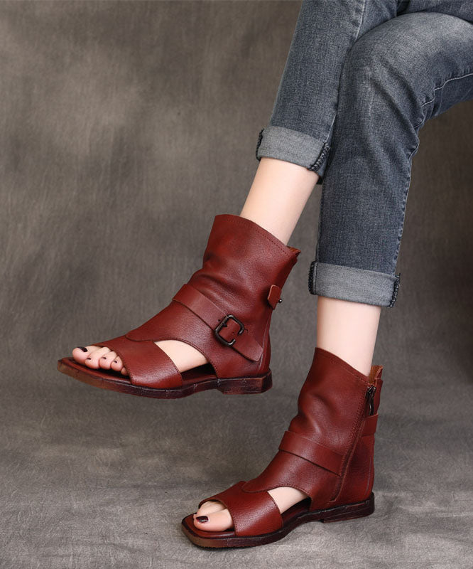 Retro Zippered Splicing Flat Boots Brown Cowhide Leather Peep Toe