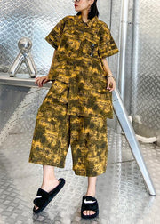 Retro big yards female fashion yellow shirt printing wide leg pants two pieces - SooLinen