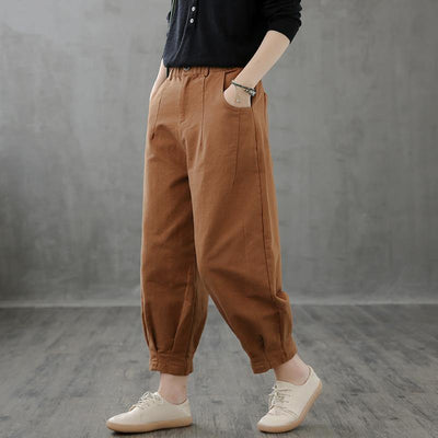 Retro casual brown pants women loose new cropped trousers - SooLinen