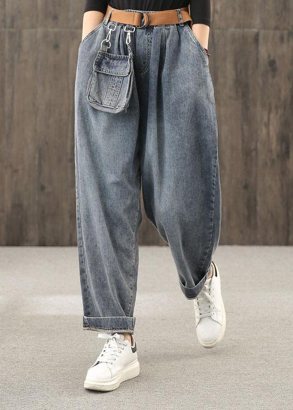 Retro denim blue autumn new trousers plus size harem pants - SooLinen