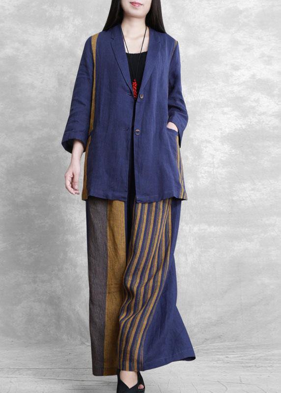 Retro fashion blue two-piece suit female casual small suit + wide-leg pants autumn style - SooLinen