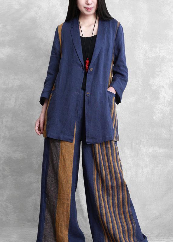 Retro fashion blue two-piece suit female casual small suit + wide-leg pants autumn style - SooLinen