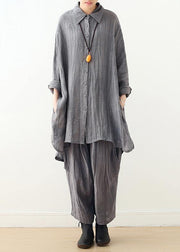 Retro gray long-sleeved shirt loose plus size lapel top 20212021 new women's clothing - SooLinen