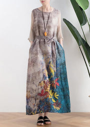 Retro style silk dress linen dress gray leaf print loose simple tie waist dress - SooLinen