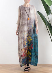 Retro style silk dress linen dress gray leaf print loose simple tie waist dress - SooLinen
