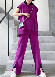 Retro women's sweater and trousers rose purple fashion two piece set - SooLinen