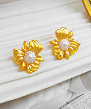 Retrol Gold Asymmetrical Copper Gold Plated Pearl Stud Earrings